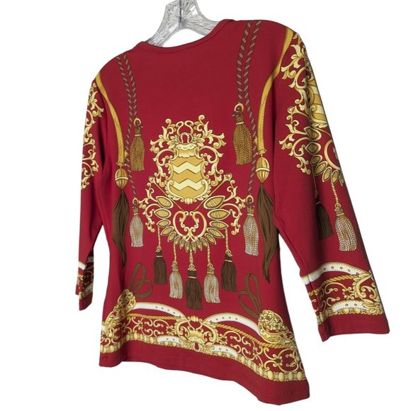 J McLaughlin red gold Medallion Tassel‎ Print Catalina cloth Top size M - Picture 5 of 10